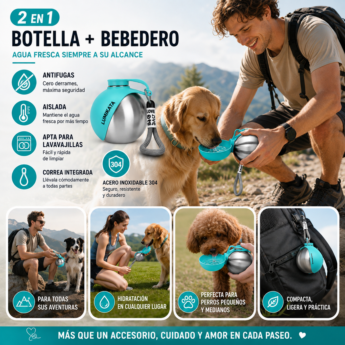 Botella de agua portátil 2 en 1 para perros