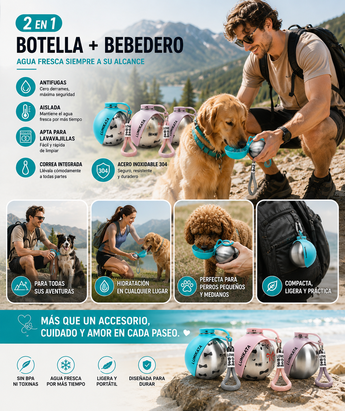 Botella de agua portátil 2 en 1 para perros
